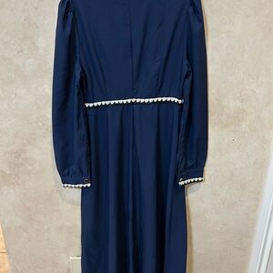 Vintage 1970s handmade Blue maxi Dress with White Trim. Approx size medium